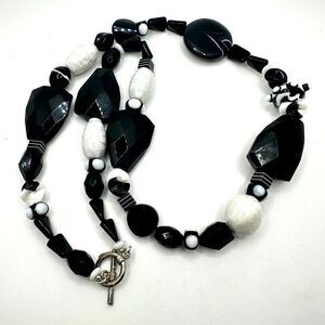 24" Revived GLASS, some resin, black and white beaded statement necklace!